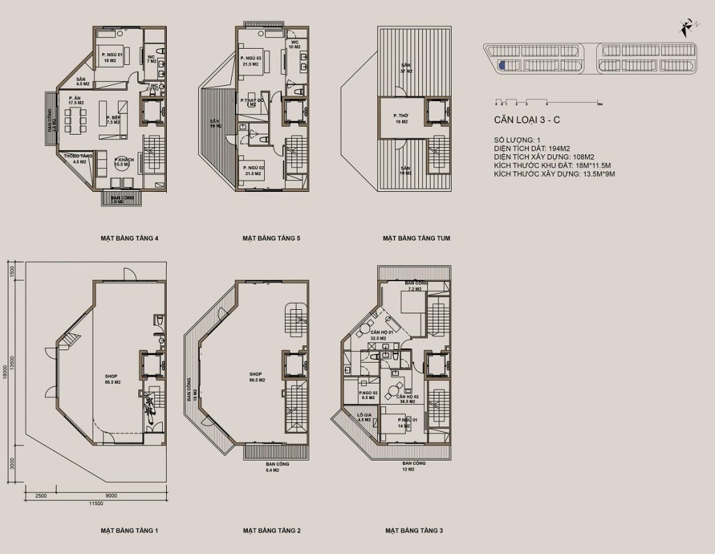 Thiết kế mẫu 3-C Shophouse 88 Central Thạch Bàn Garden City - Long Biên